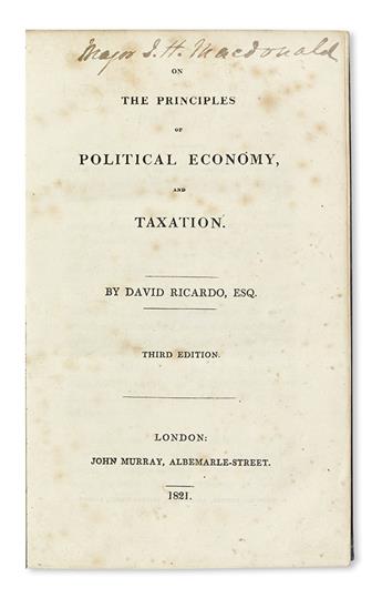 ECONOMICS  RICARDO, DAVID. On the Principles of Political Economy, and Taxation . . . Third Edition.  1821